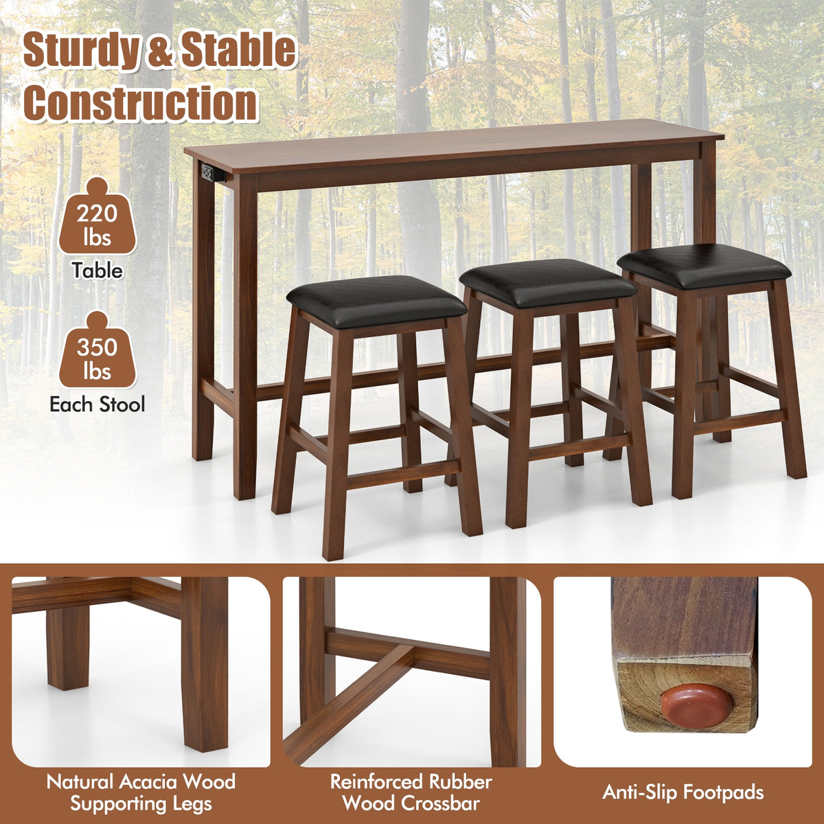 4-Piece Bar Table Set, Counter-Height Table, 3 PVC Leather Stools, Brown Dining Room Sets at Gallery Canada