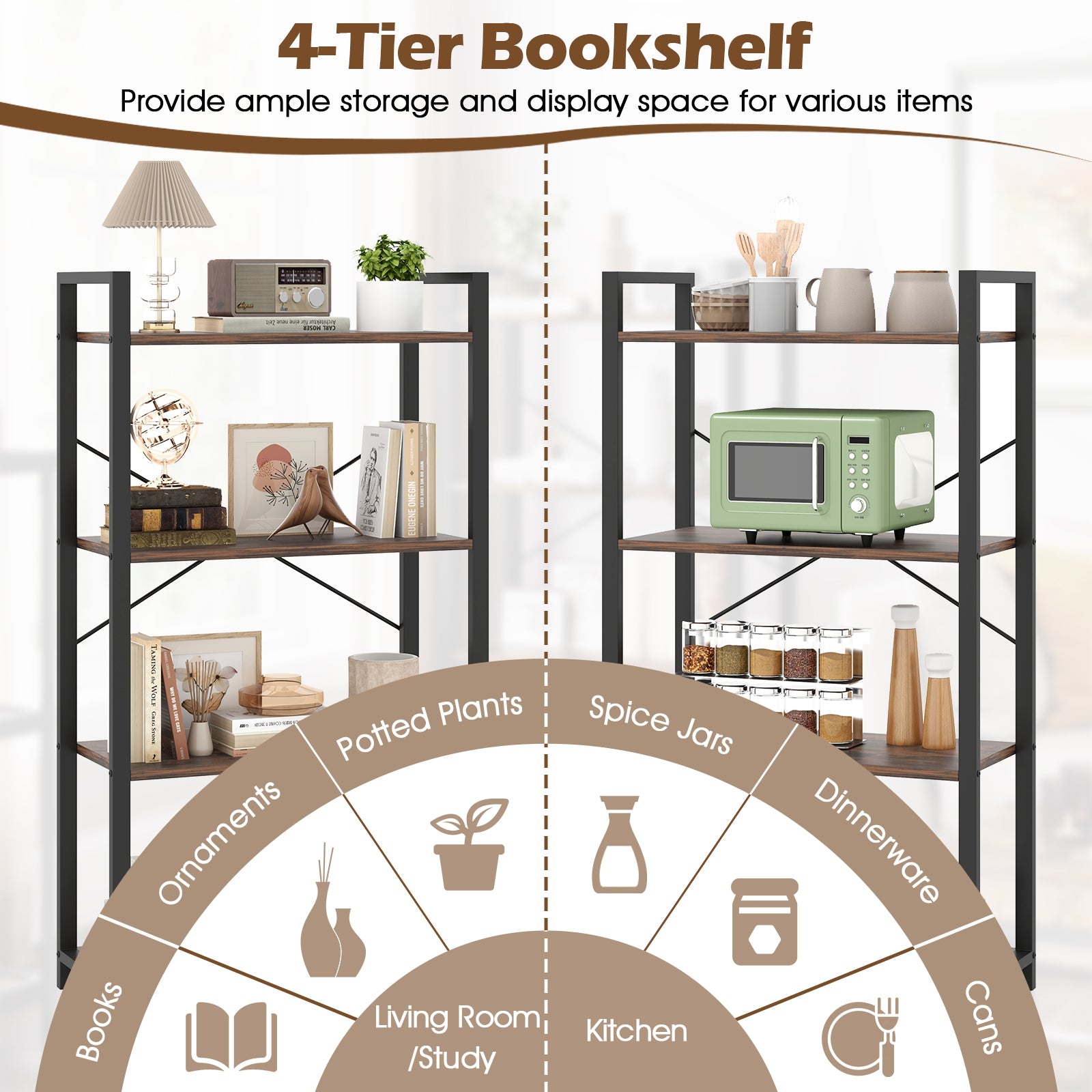 4-Tier Bookshelf, Heavy Duty Metal Frame, Industrial Display Shelf, Rustic Brown Bookcases at Gallery Canada