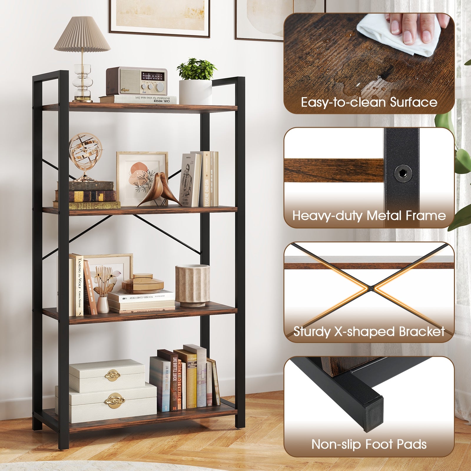 4-Tier Bookshelf, Heavy Duty Metal Frame, Industrial Display Shelf, Rustic Brown Bookcases at Gallery Canada