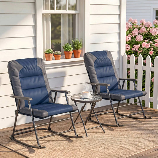 3pc Foldable Rocking Chair Set, Outdoor Bistro w/ Padded Seat, Blue Outdoor Rocking Chairs Blue, Grey at Gallery Canada