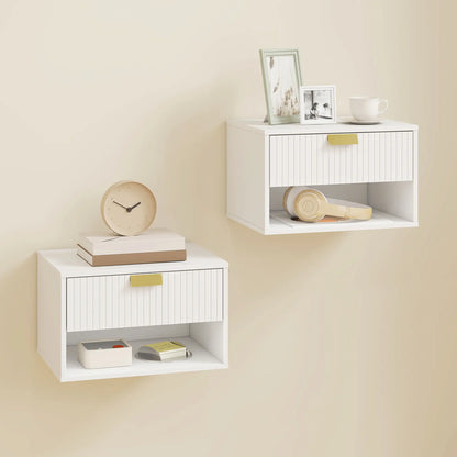 Set of 2 Floating Nightstands, Wall Mounted with Fluted Drawer and Shelf, White Bedside Tables at Gallery Canada