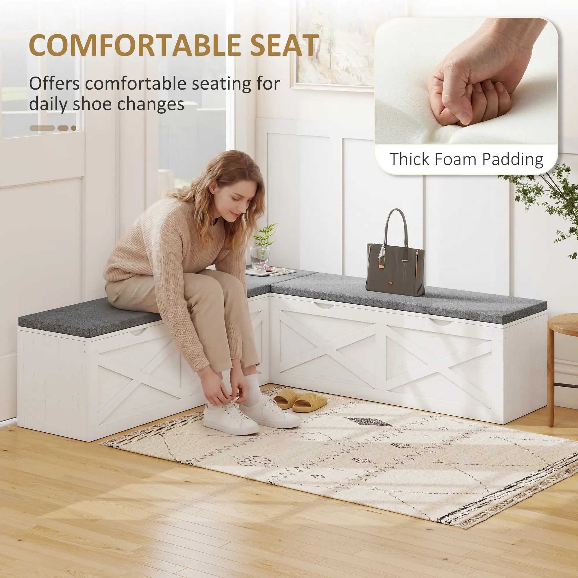 L-Shaped Shoe Bench With Padded Cushion, White Shoe Storage Cabinets & Racks at Gallery Canada