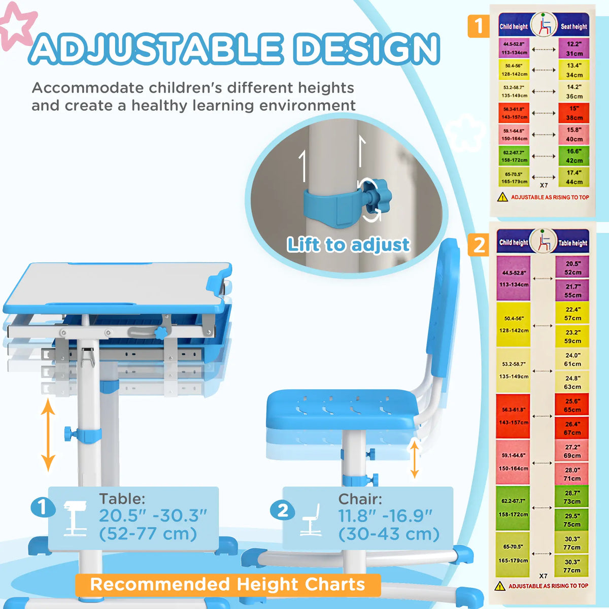 Adjustable Study Table, Chair Set with Drawer, Blue Kids Desk Sets at Gallery Canada