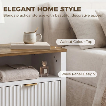 Nightstand With 2 Fluted Drawers, Open Shelf, Anti-Tipping, White Walnut, White Walnut Bedside Tables at Gallery Canada