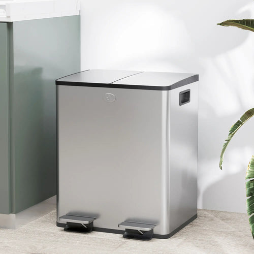 Dual Garbage Bin, Soft Close Trash Can, 2 x 20 Liter, Silver