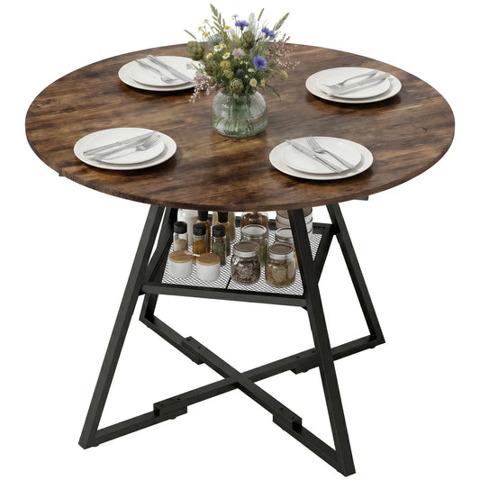 39.4 Inch Round Dining Table For 4, Metal Storage Shelf, Rustic Brown