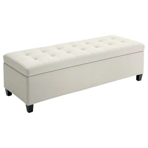 Rectangular Entry Bench, Tufted Upholstered Linen, Wood Feet, Beige