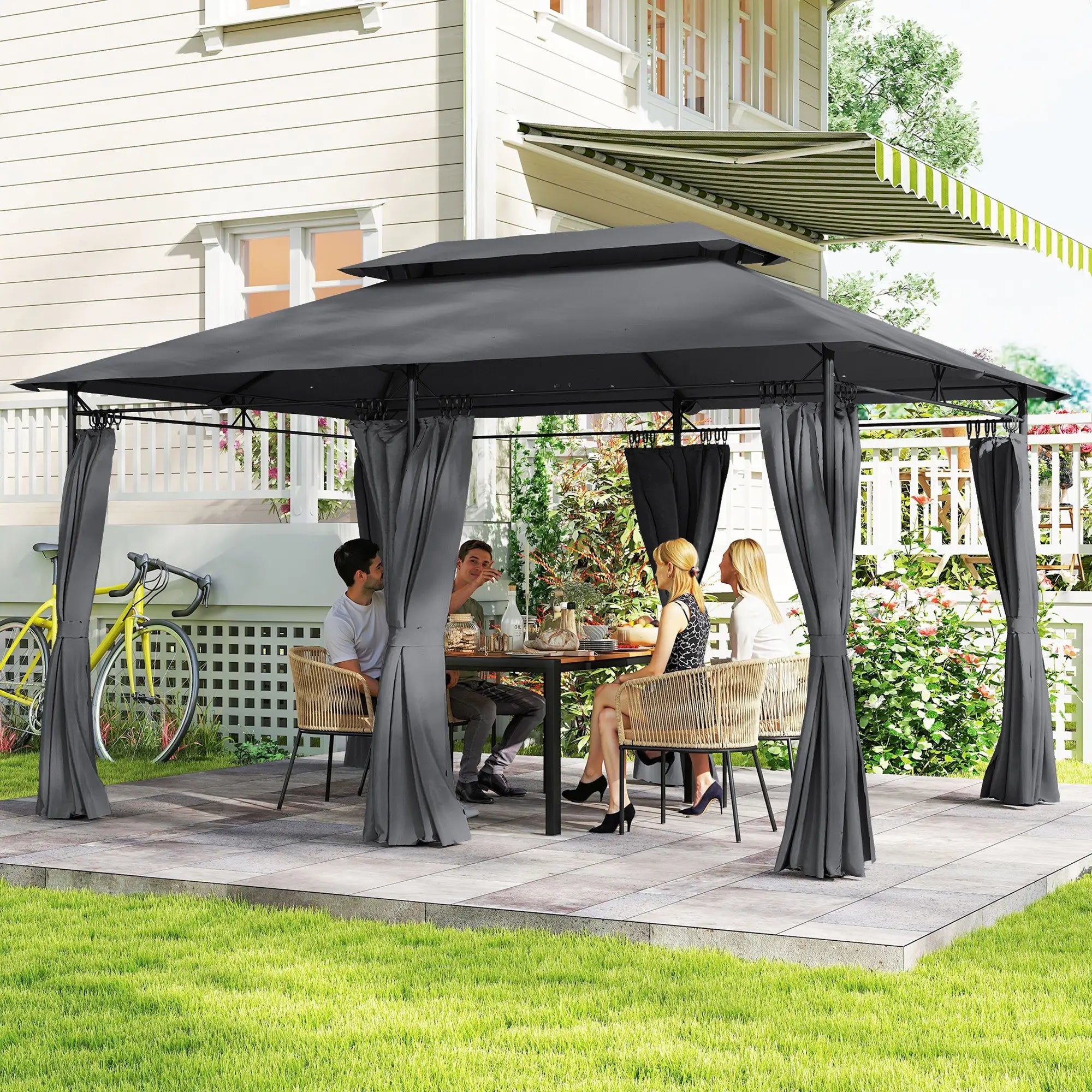 10' x 13' Double Roof Patio Gazebo, Outdoor Gazebo with Curtains, Grey Gazebos at Gallery Canada