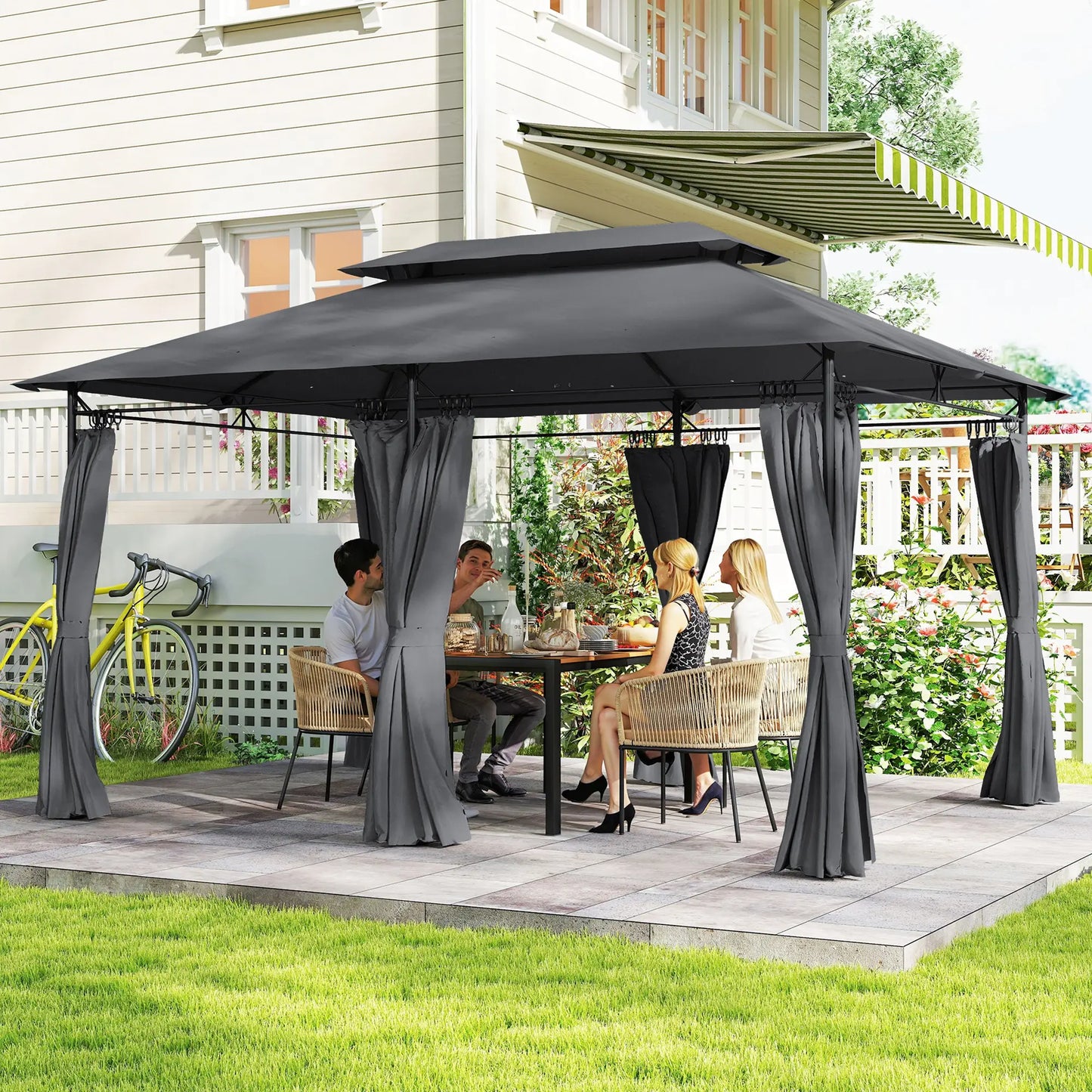 10' x 13' Double Roof Patio Gazebo, Outdoor Gazebo with Curtains, Grey Gazebos at Gallery Canada