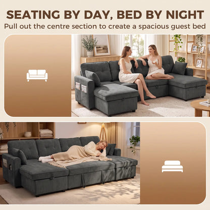 U Shaped Sectional Sofa Bed, 113" Pull Out Sleeper, Dark Grey 3-Seater Sofas at Gallery Canada