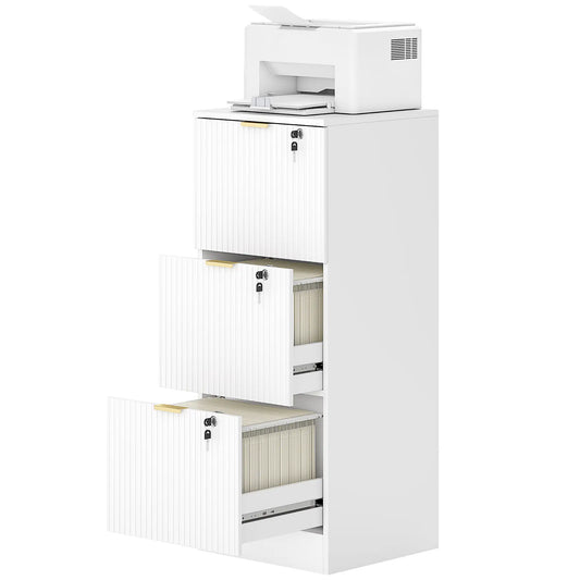 Lockable Filing Cabinet, 3 Fluted Drawers, Adjustable Hanging Rails, White Office Cabinets & Cupboards White at Gallery Canada