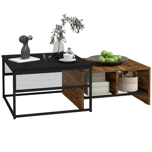 Coffee Table Set of 2, Industrial Nesting Tables, Square & Side Coffee Tables Rustic Brown, Black at Gallery Canada
