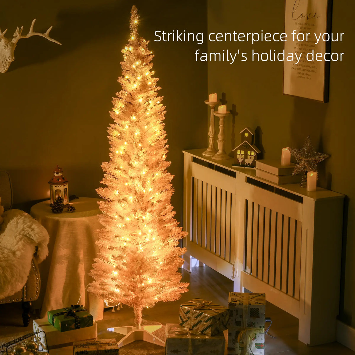 6' Pre Lit Artificial Pencil Christmas Tree, Warm White LED Lights, Pink Pencil Christmas Trees at Gallery Canada