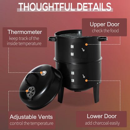 3-In-1 Vertical Charcoal BBQ Smoker, 16" Round Grill With Thermometer, Black Charcoal BBQ Grils at Gallery Canada