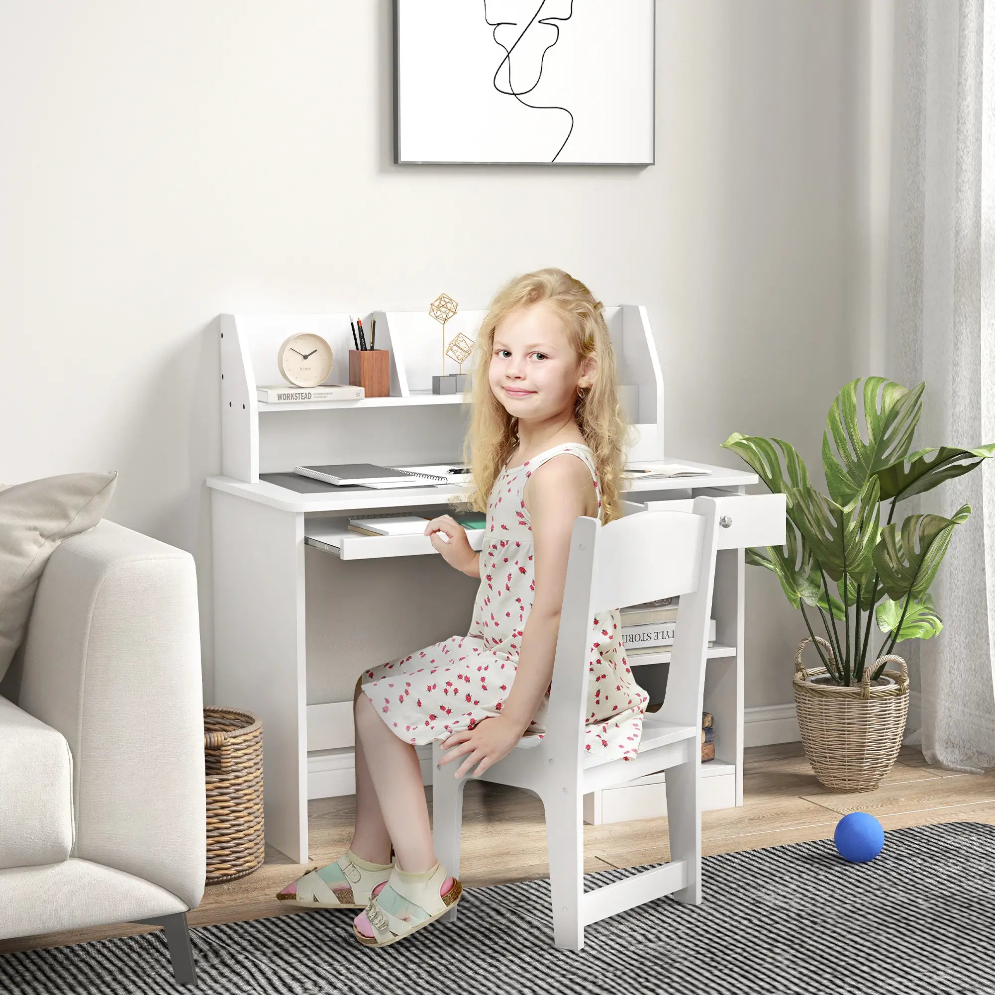 Kids Desk and Chair Set, Study Table for 5-8 Year Old, White Kids Desk Sets at Gallery Canada