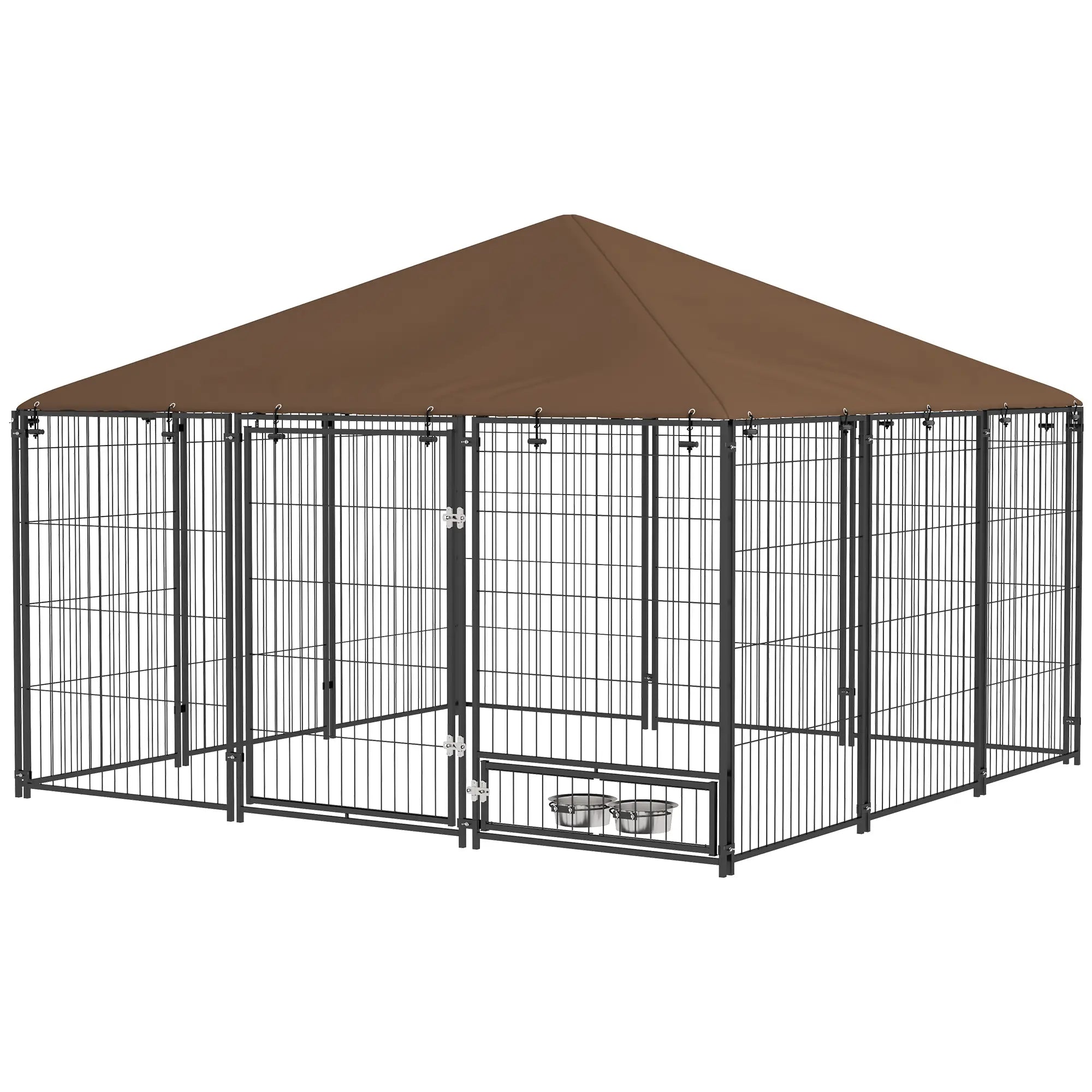 6.9' x 6.9' x 5' Outdoor Dog Kennel, Canopy, Rotating Bowls, Coffee Houses, Kennels & Pens Black, Brown at Gallery Canada