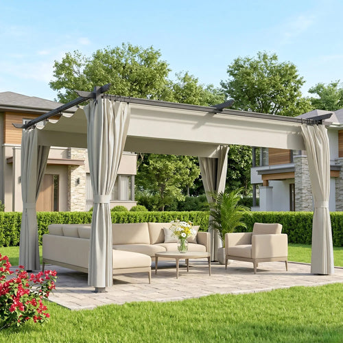 10' x 13' Pergola With Retractable Canopy, Curtains, UPF30+ Sun Shade