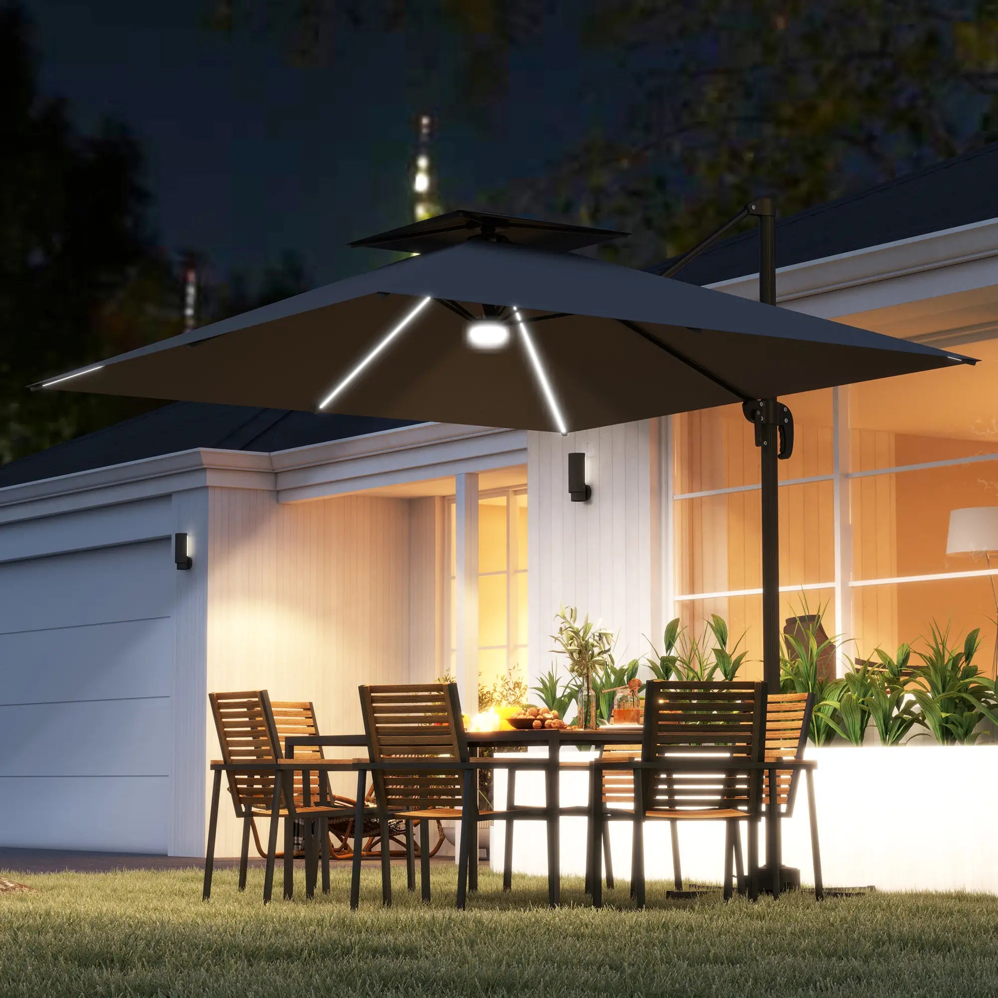 8' Cantilever Patio Umbrella, LED Lights, 360°Rotation, Dark Grey Offset Cantilever Umbrellas at Gallery Canada