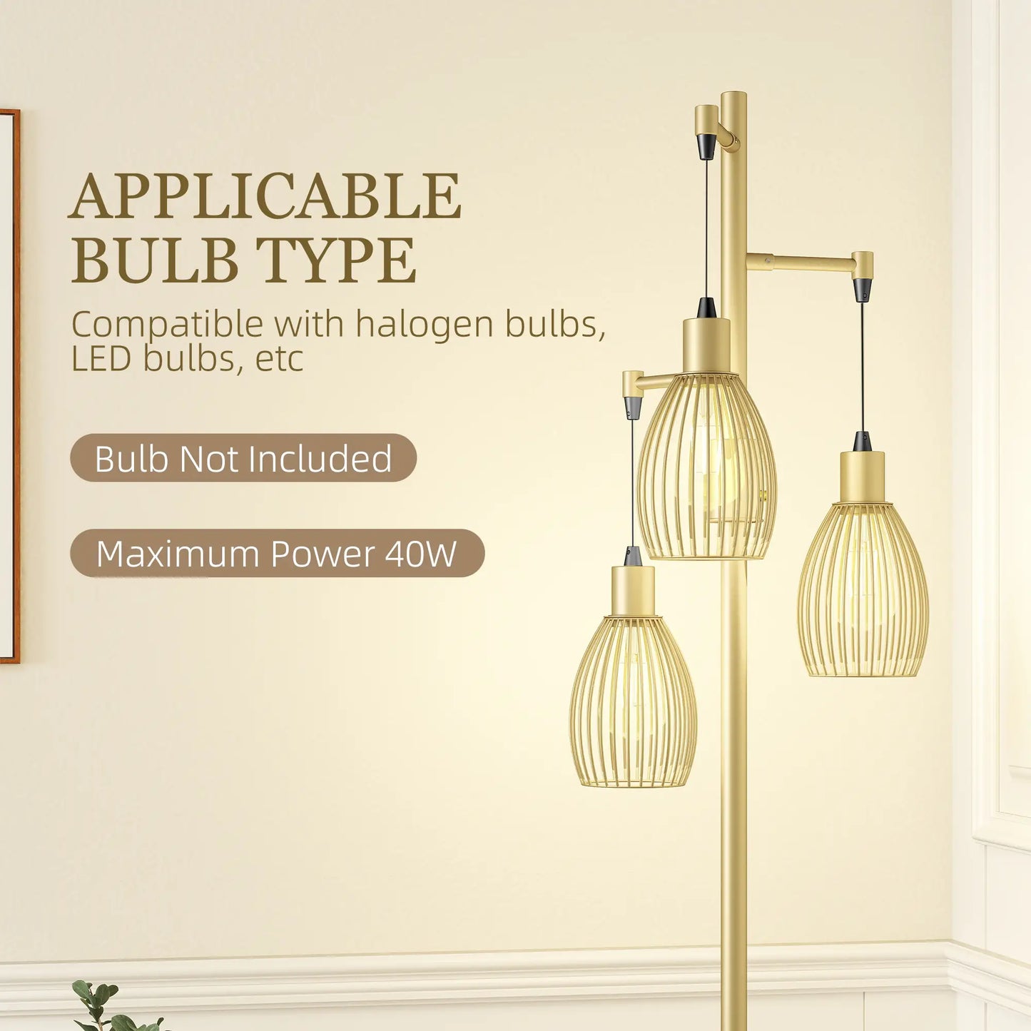 Industrial Floor Lamp, 3 Hanging Wire Lampshades, Dimmable, Gold Floor Lamps & Ceiling Fan Lights at Gallery Canada