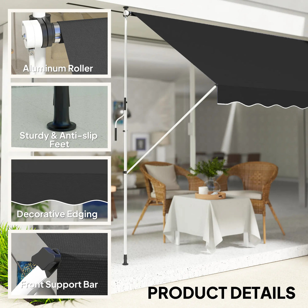 10x5ft Manual Retractable Awning, For Window Door Porch, Black