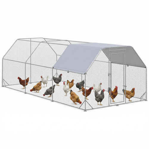 Large Metal Chicken Coop, Walk-In Enclosure, 9.2' x 18.7' x 6.5', Silver