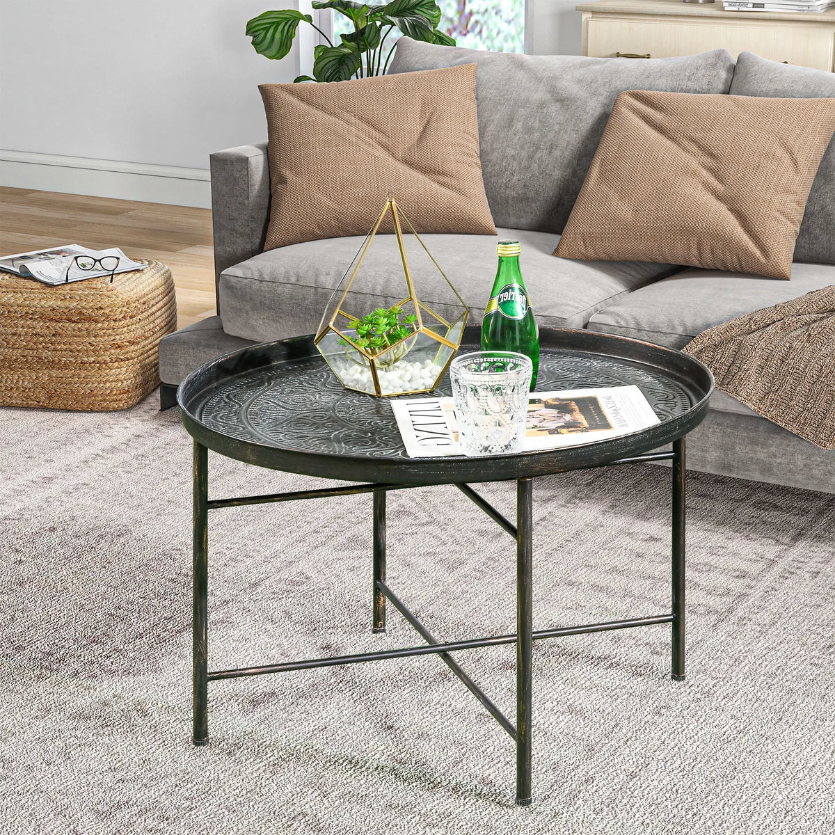Vintage Coffee Table, 24" Round, Hammered Tray Top, Metal Frame, Pewter Coffee Tables at Gallery Canada