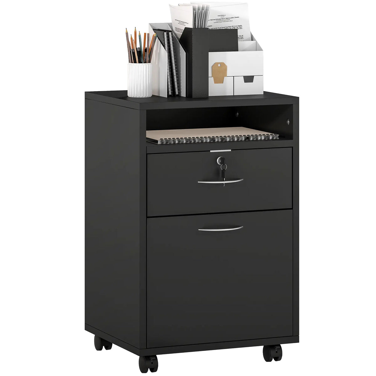 24" Small Filing Cabinet With Compartment, Drawer & Wheels, Black Office Cabinets & Cupboards Black at Gallery Canada