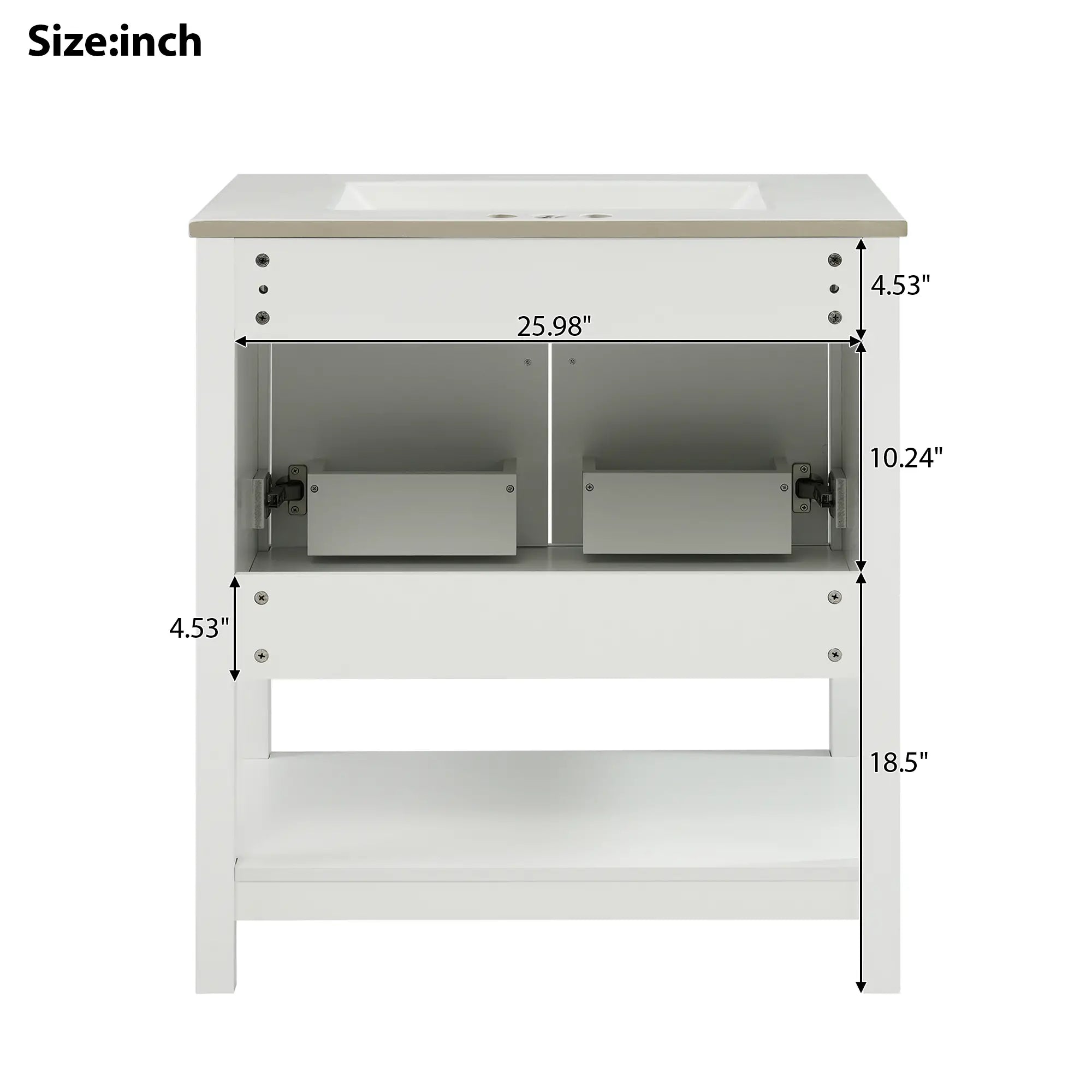 Bathroom Vanity with Ceramic Sink, Gold Handles, Soft Close Doors, 30