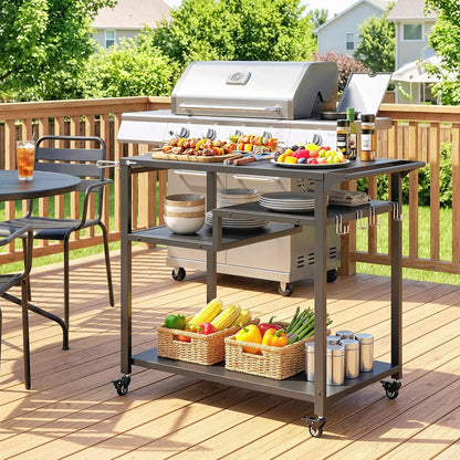 Outdoor Grill Cart, Three-Shelf Pizza Oven Stand With Hooks, Wheels, Black