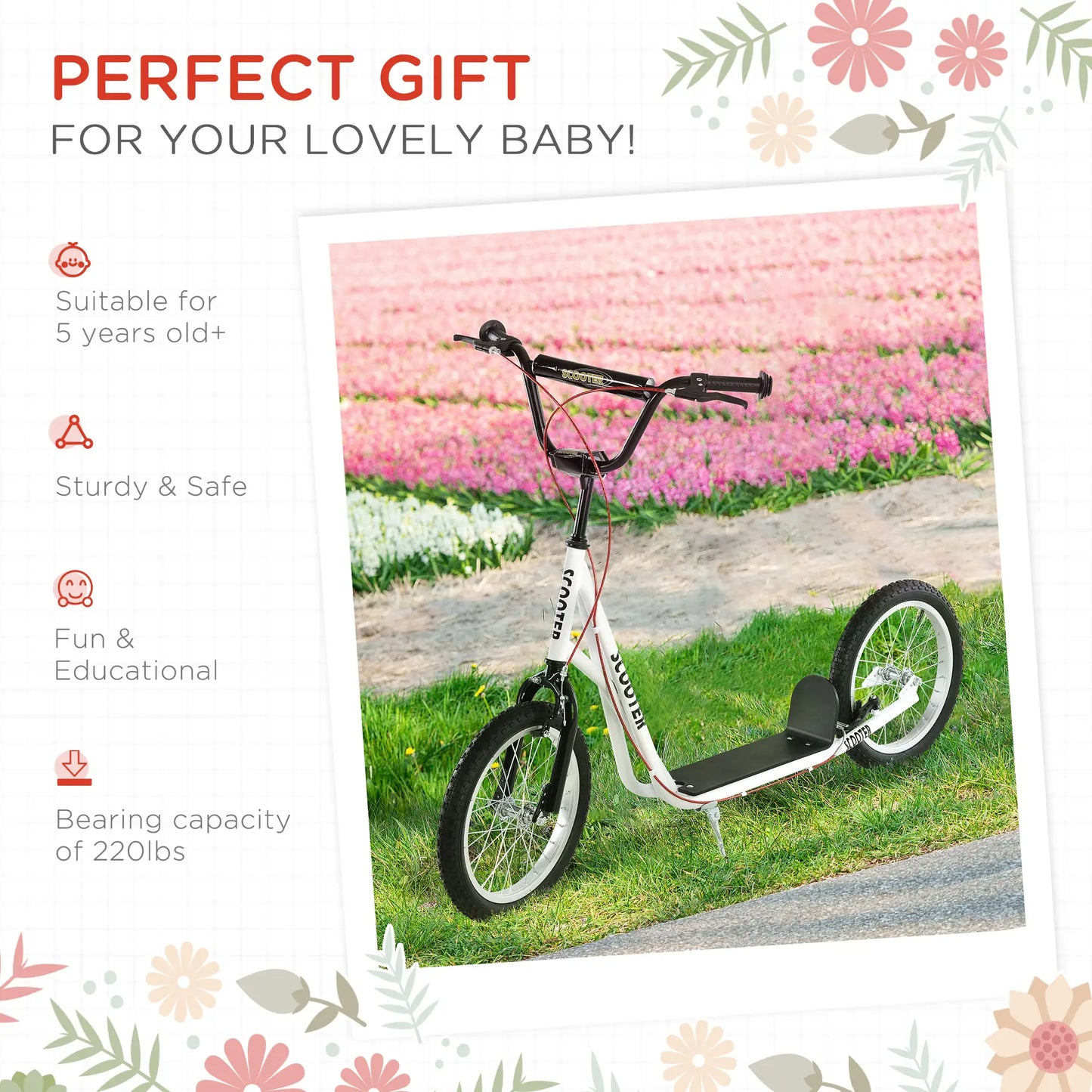 Kids Kick Scooter, 5+ Years, 16'' Inflatable Wheel, Dual Brakes, White Scooters at Gallery Canada