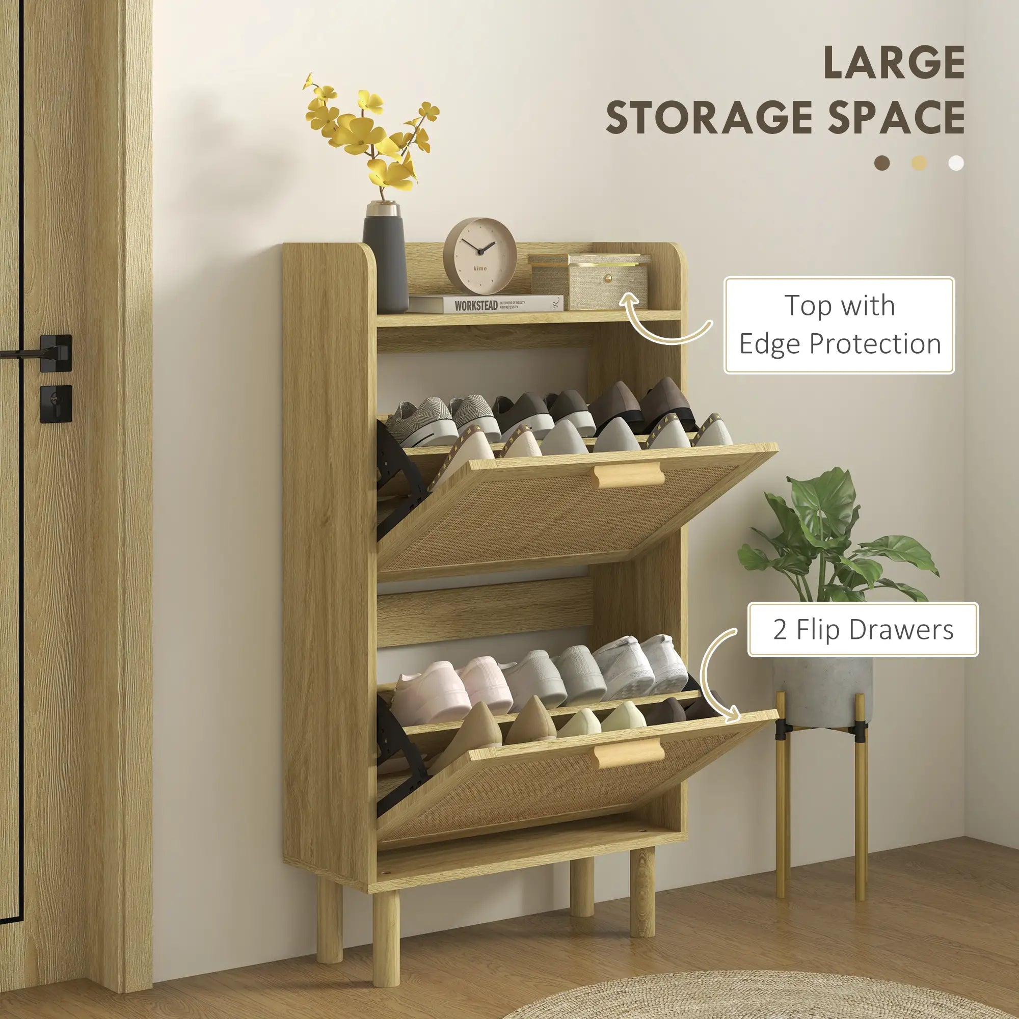 Slim Shoe Storage, 2 Flip Drawers, Adjustable Shelves, 12 Pair, Oak Shoe Storage Cabinets & Racks at Gallery Canada