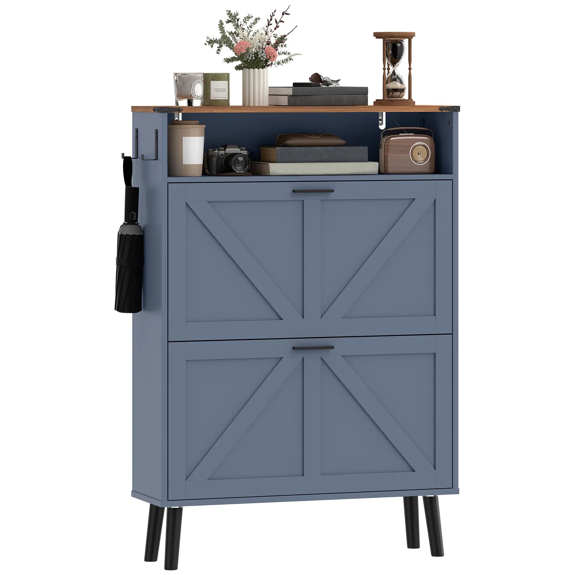 Shoe Storage Cabinet, 2 Flip Drawers, Farmhouse Narrow, Holds 16 Pairs, Blue Shoe Storage Cabinets & Racks Blue, Brown, Black at Gallery Canada