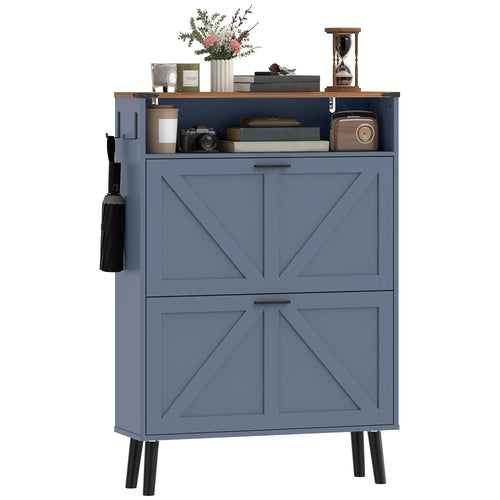 Shoe Storage Cabinet, 2 Flip Drawers, Farmhouse Narrow, Holds 16 Pairs, Blue