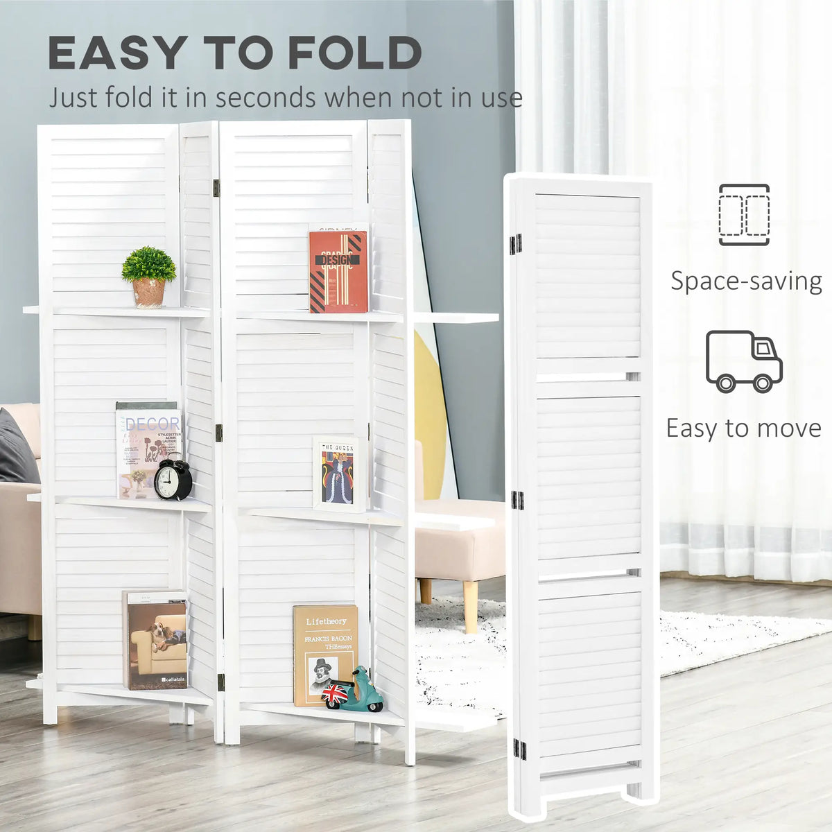 4-Panel Wall Partition, 3 Storage Shelves, Foldable, Wooden Frame, 5.6FT, White Room Dividers at Gallery Canada
