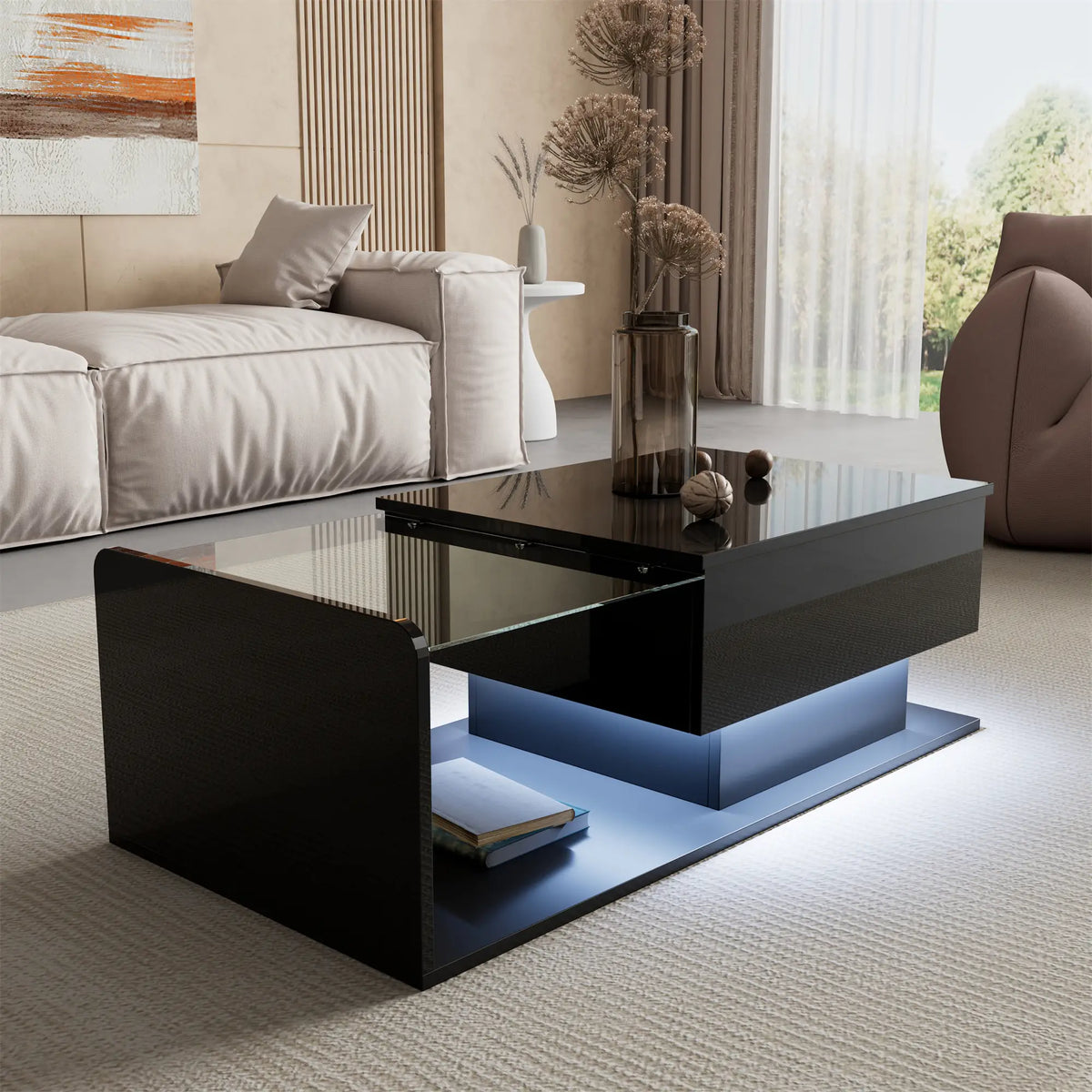 Coffee Table, Tempered Glass Top, LED Light, Adjustable Height, 39.5" L x 19.5" W x 13" H, Black Coffee Tables at Gallery Canada