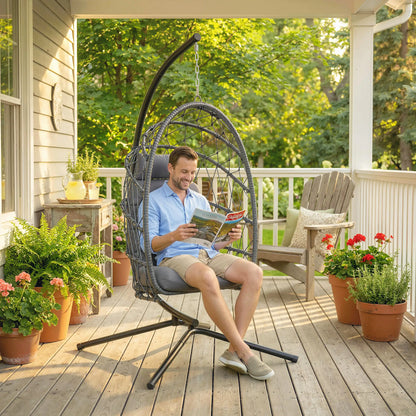 Hanging Egg Chair, Foldable Wicker Rattan Swing, Grey Patio Swings with Stand at Gallery Canada