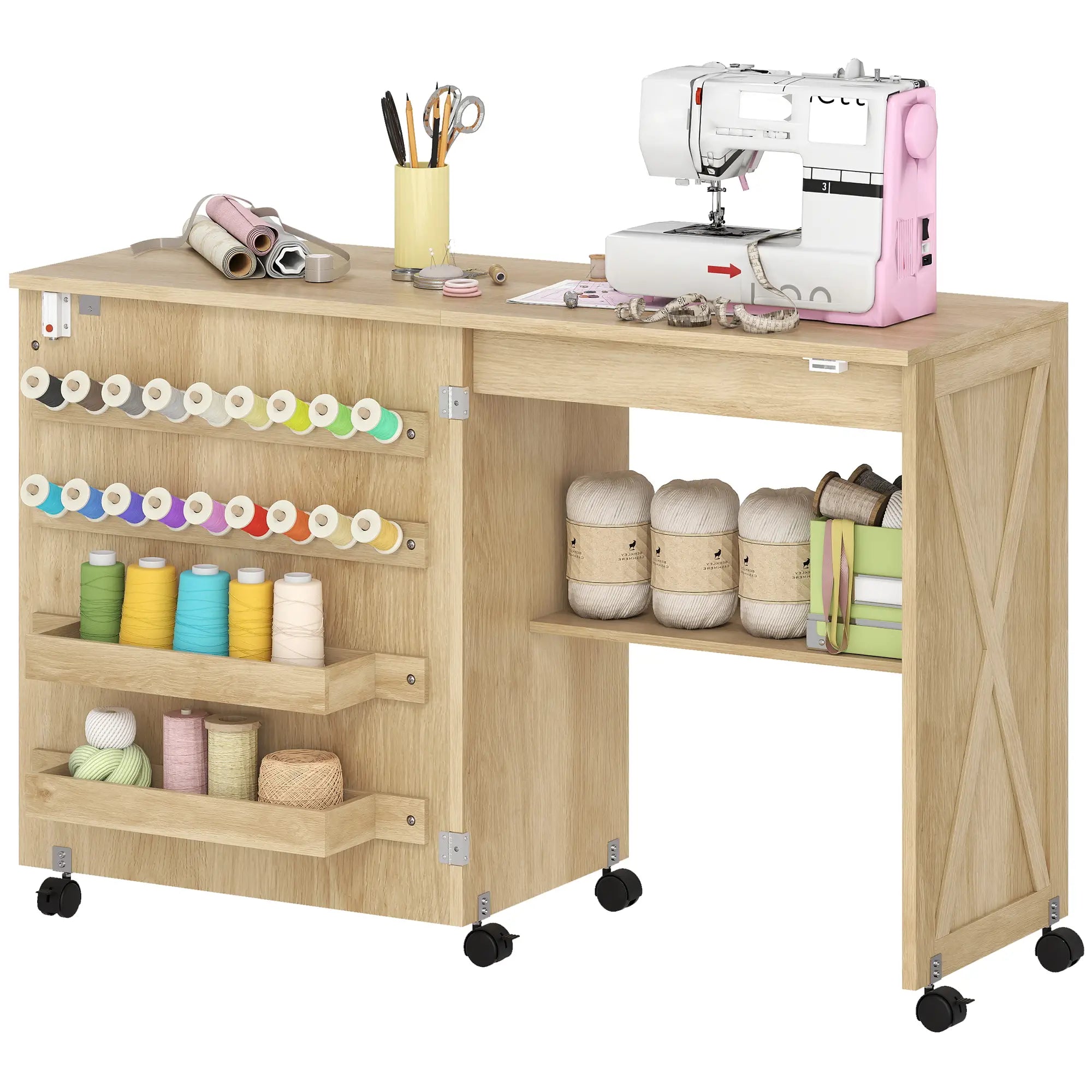 Sewing Machine Table on Wheels, Folding Craft Table with Storage, Natural Storage Cabinets Natural at Gallery Canada
