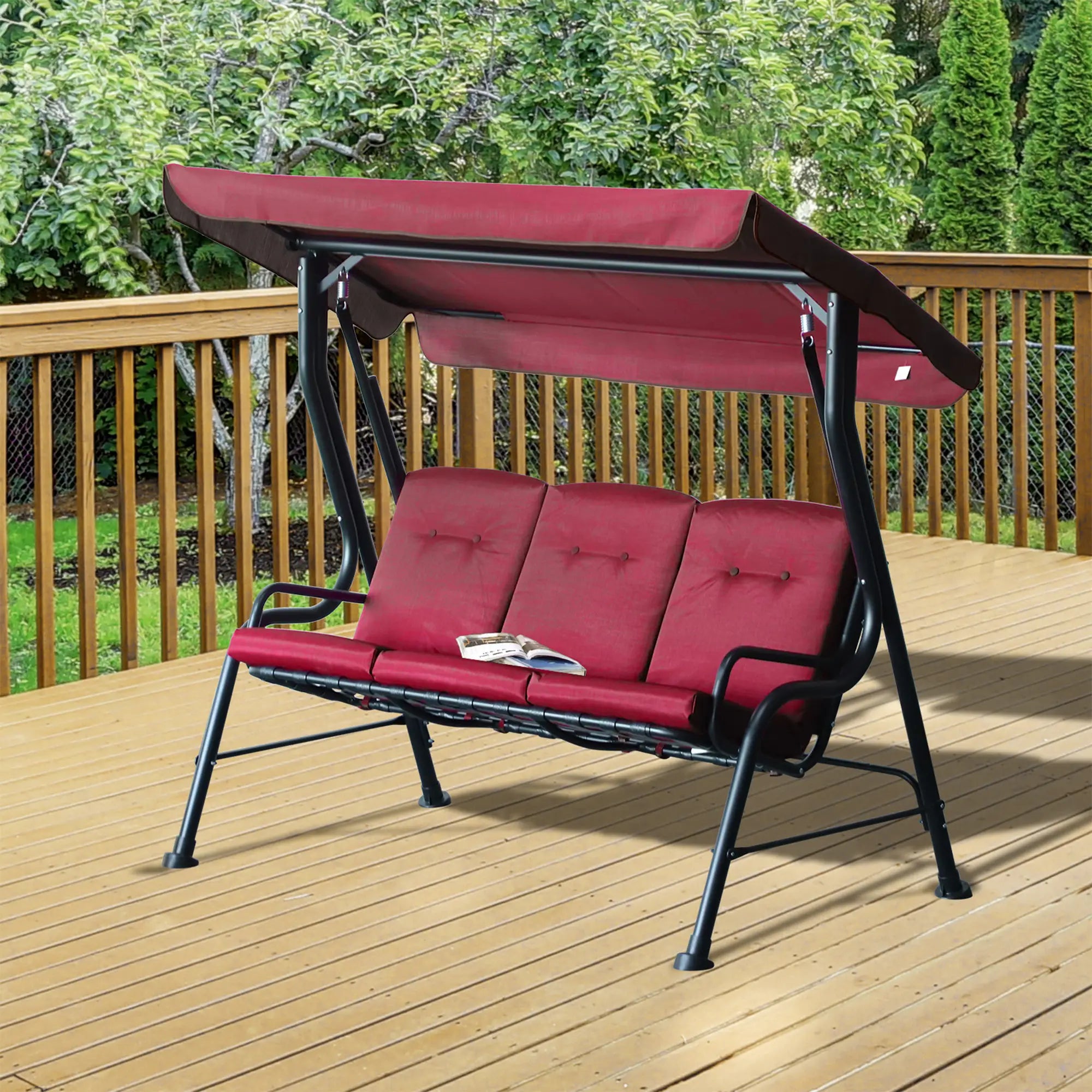 3-Person Porch Swing Chair, Adjustable Canopy, Thicken Cushion, Weather Resistant Steel Frame, Wine Red Porch Swings with Canopy at Gallery Canada