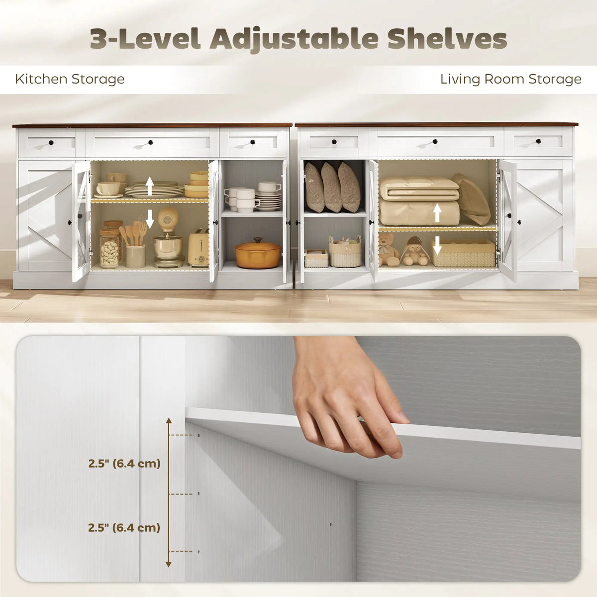 Farmhouse Sideboard Buffet Cabinet, 54", White Wood Grain Storage Cabinets at Gallery Canada