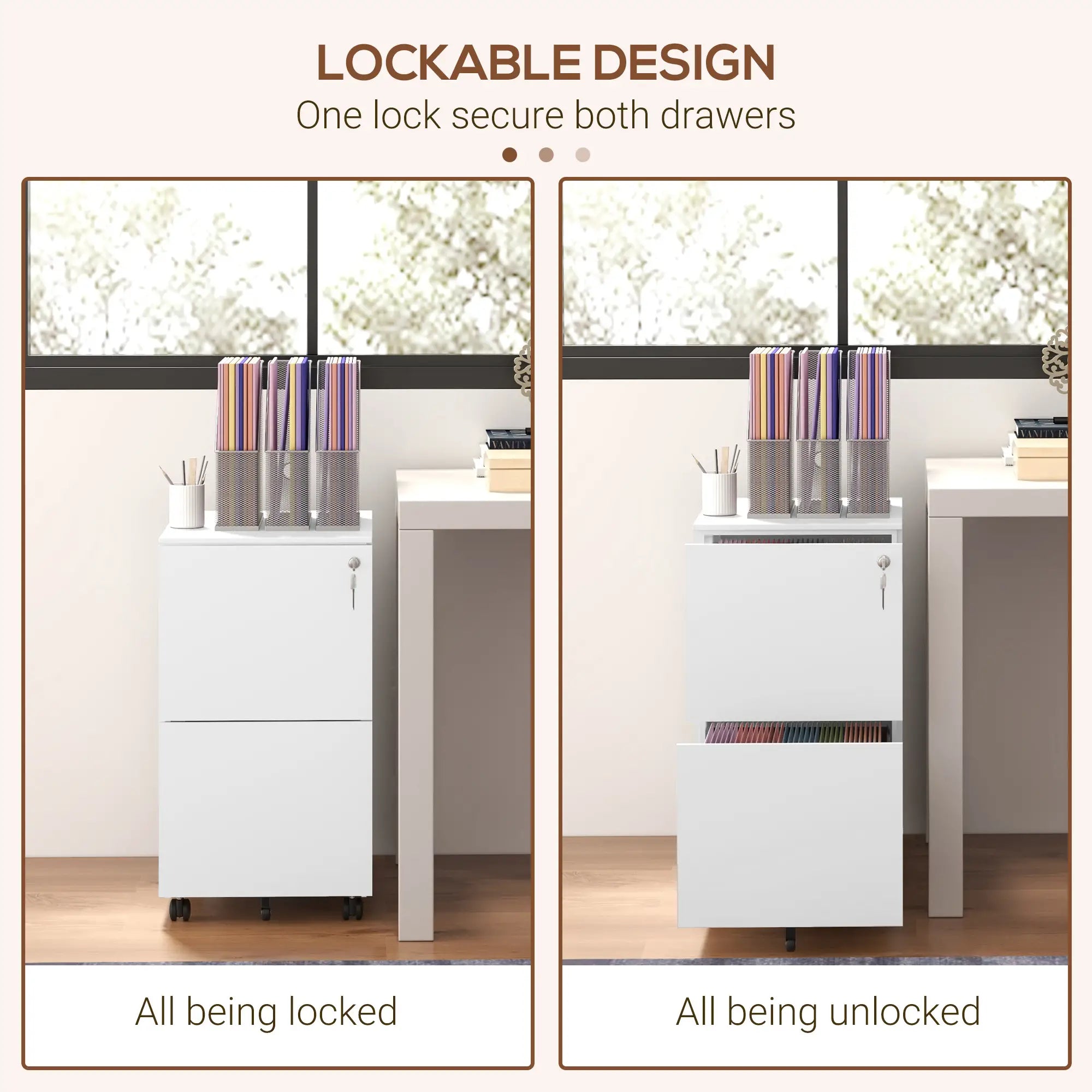 2-Drawer Steel Filing Cabinet on Wheels, Lockable, Adjustable Hanging Bar, White Office Cabinets & Cupboards at Gallery Canada