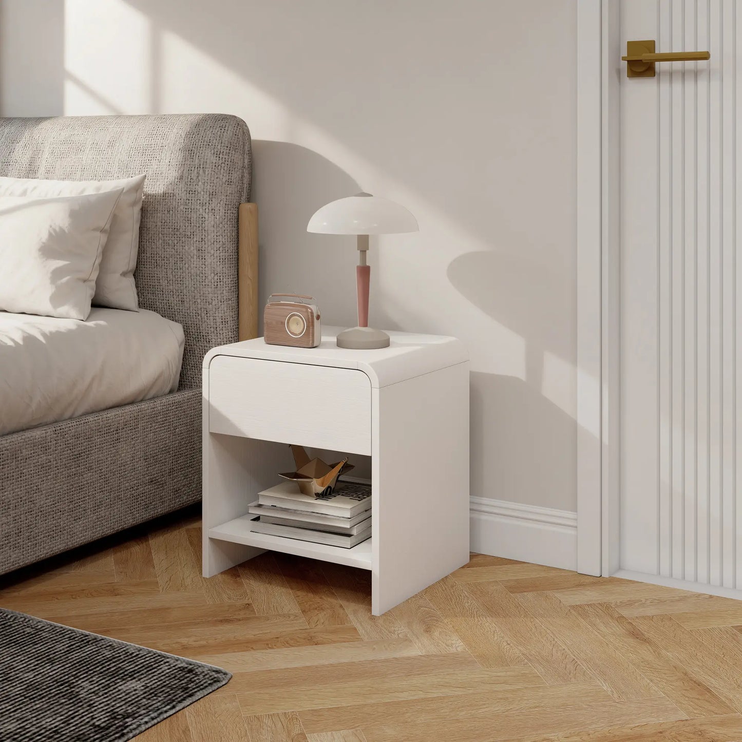 Modern Nightstand Set of 2, Distressed White, With Drawer and Shelf, White Bedside Tables at Gallery Canada