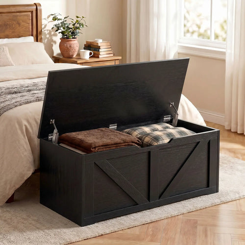 39.4 In Storage Chest With 2 Safety Hinges, White Wood Grain, White