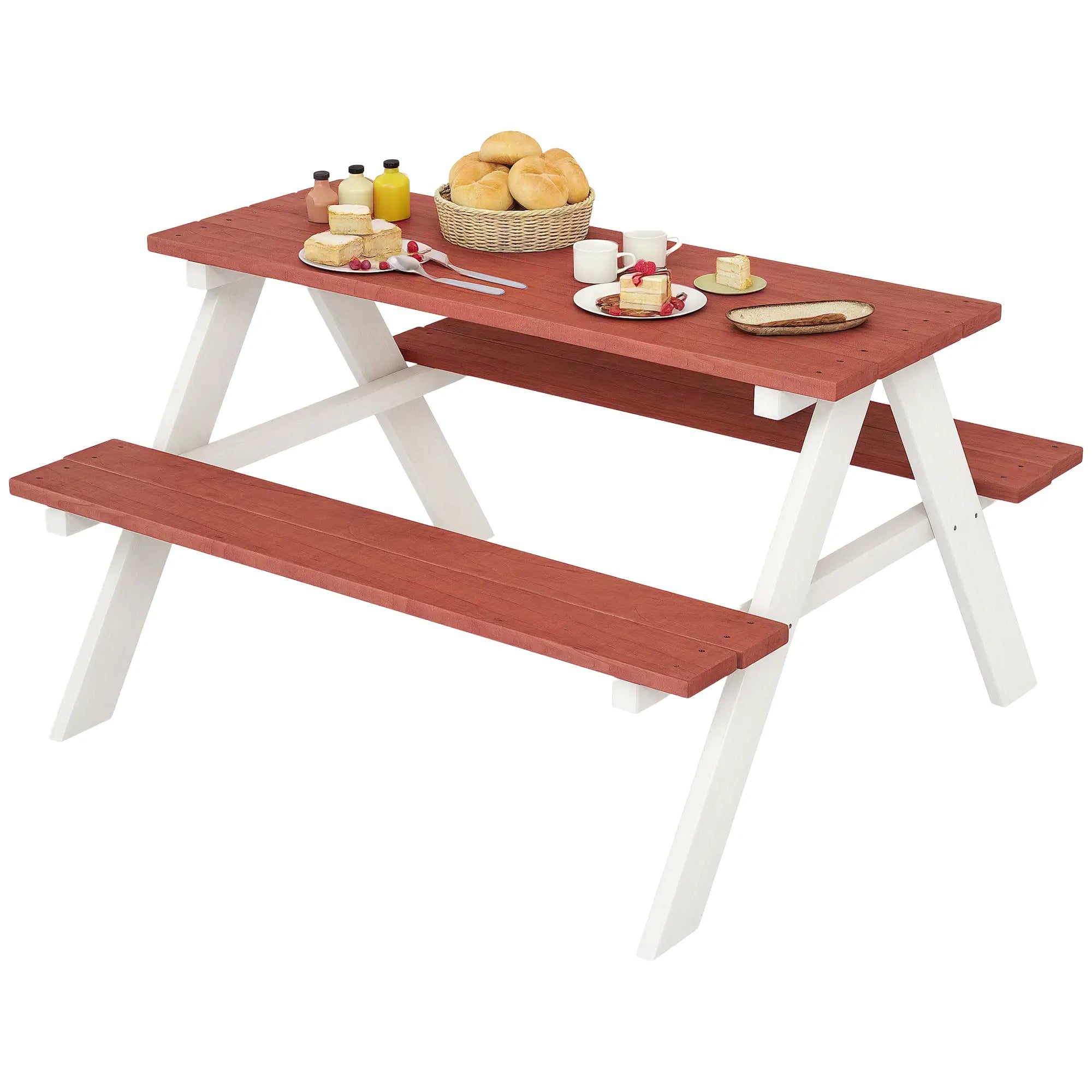 Kids Wooden Picnic Table and Benches Set for 4, Natural Wood Kids Outdoor Furniture Brown, White at Gallery Canada