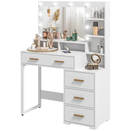 LED Vanity Table with Mirror, Drawer, Storage Shelves, White Dressing & Vanity Tables White at Gallery Canada