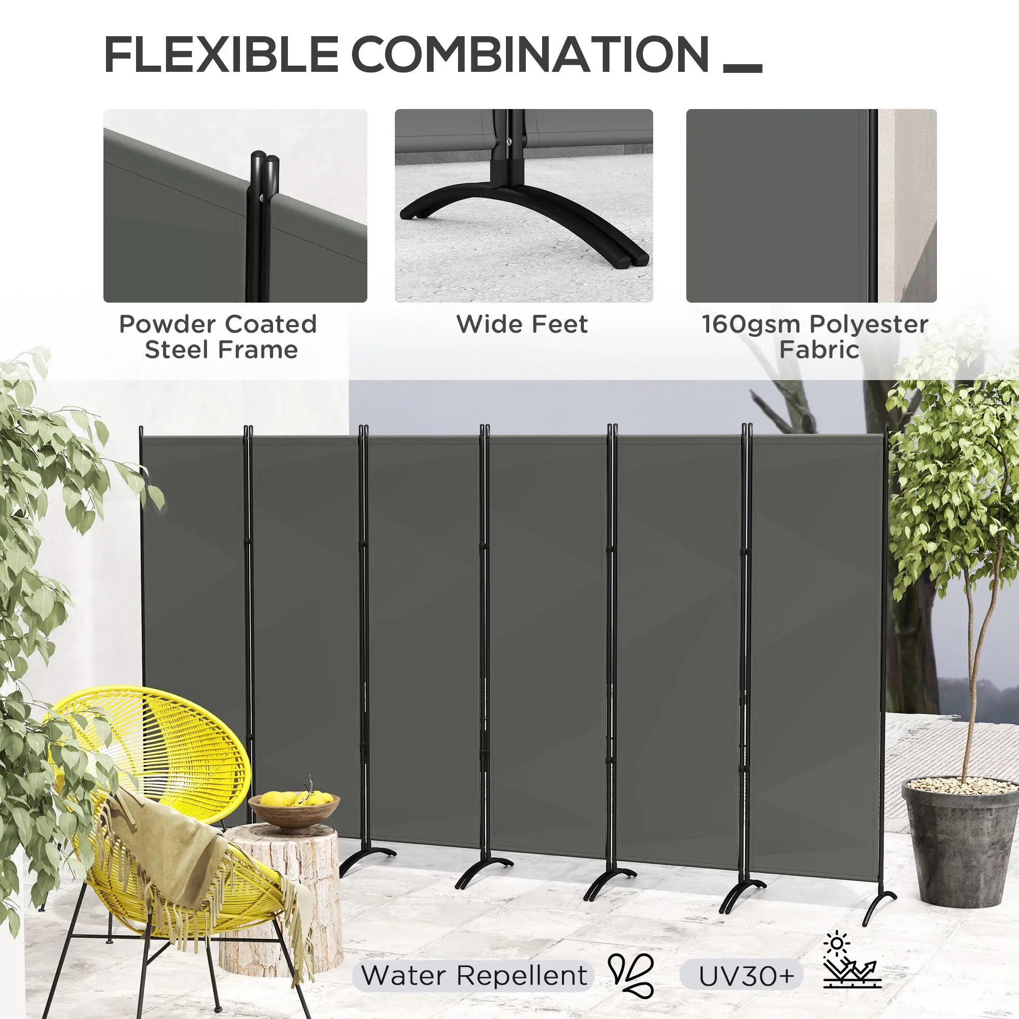 6 Panel Folding Room Divider, UV30+ Privacy Screen, Dark Grey Side Awnings at Gallery Canada