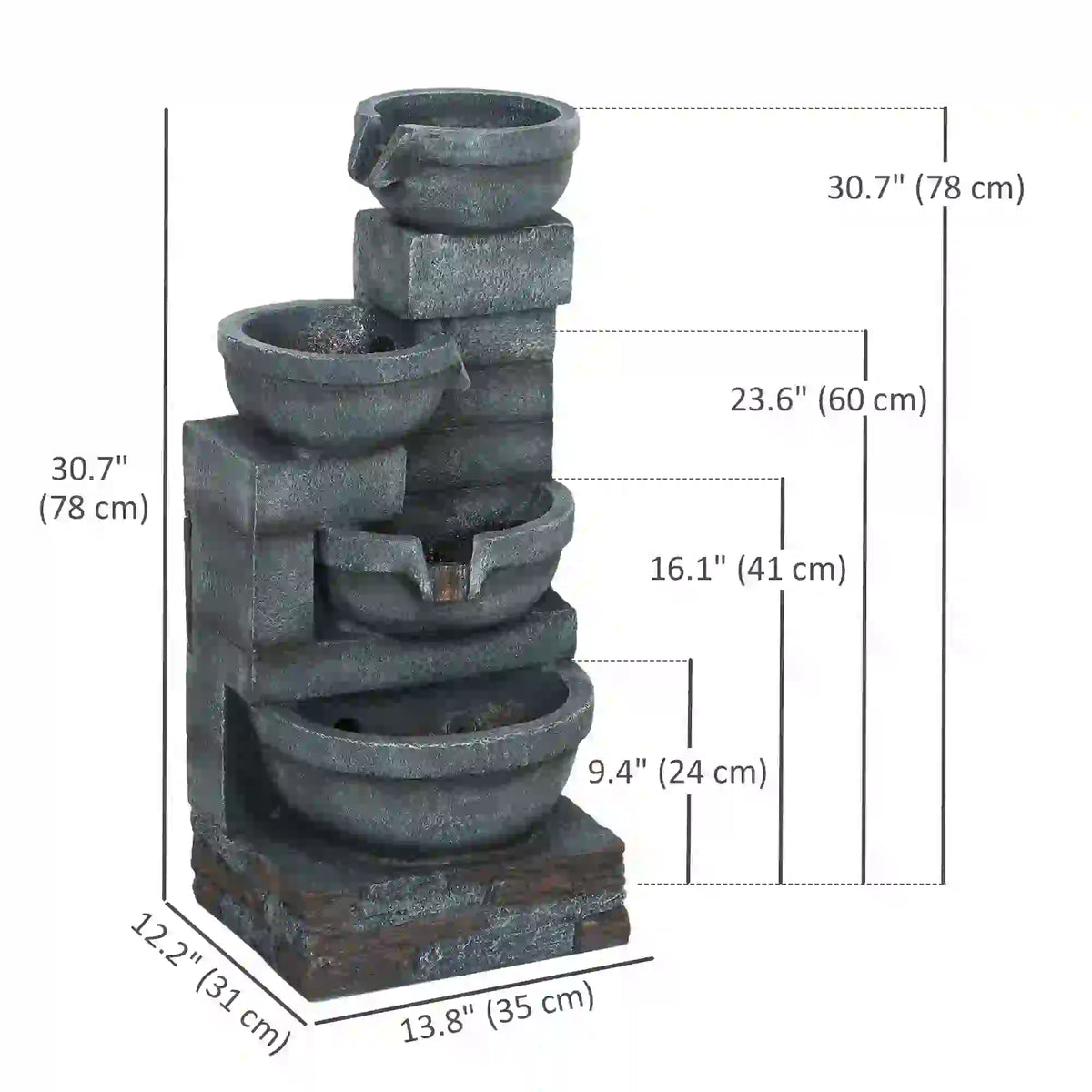 30" Tall Outdoor Water Fountain, LED Lights, 4-Tier Resin Bowls, Grey Water Fountains at Gallery Canada