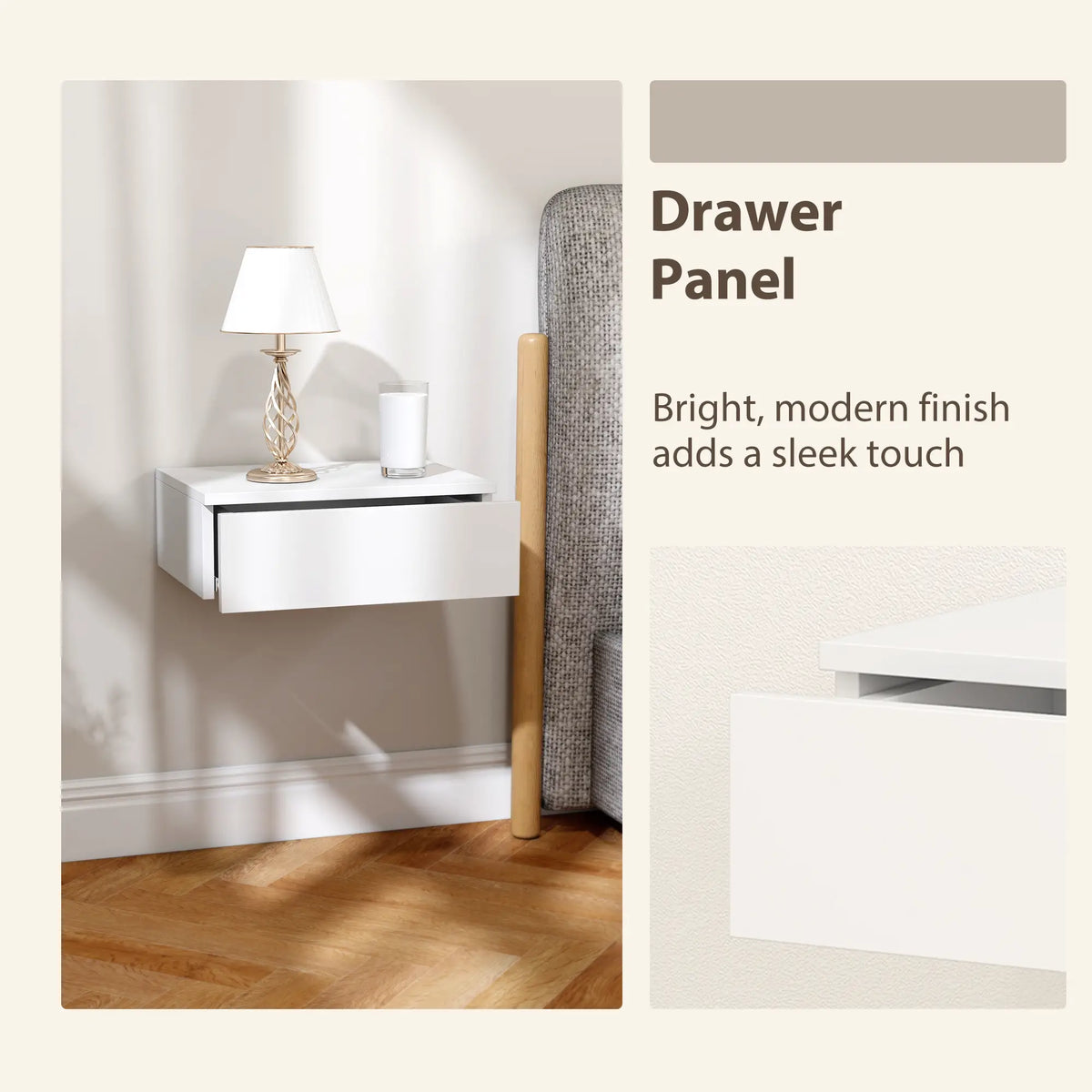 Set of 2 Wall Mounted Bedside Tables, High Gloss Floating Nightstands with Drawer, White Bedside Tables at Gallery Canada