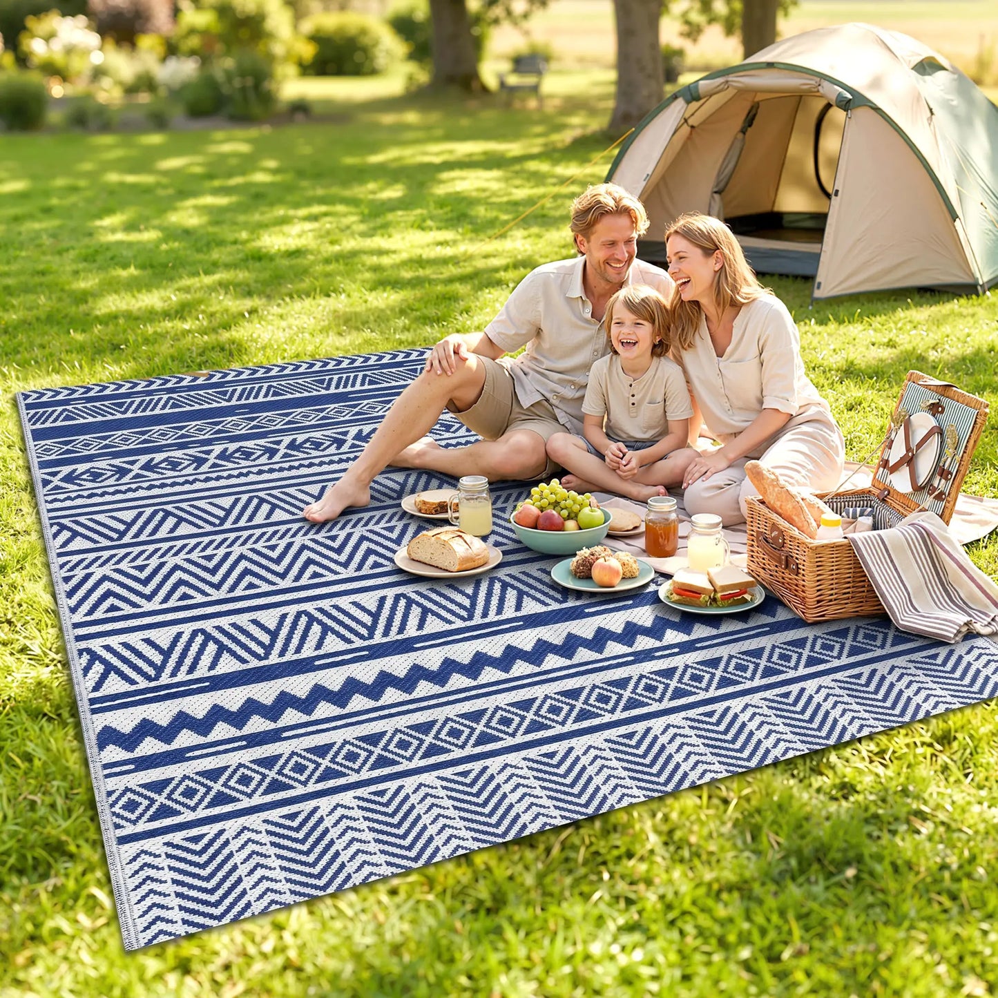 Reversible Outdoor Rug, Patio Floor Mat, 6' x 9', White, Dark Blue Garden Decor at Gallery Canada