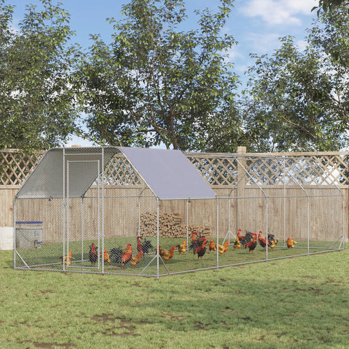 Large Metal Chicken Coop, Walk-In Enclosure, 9.2' x 24.9' x 6.5', Silver