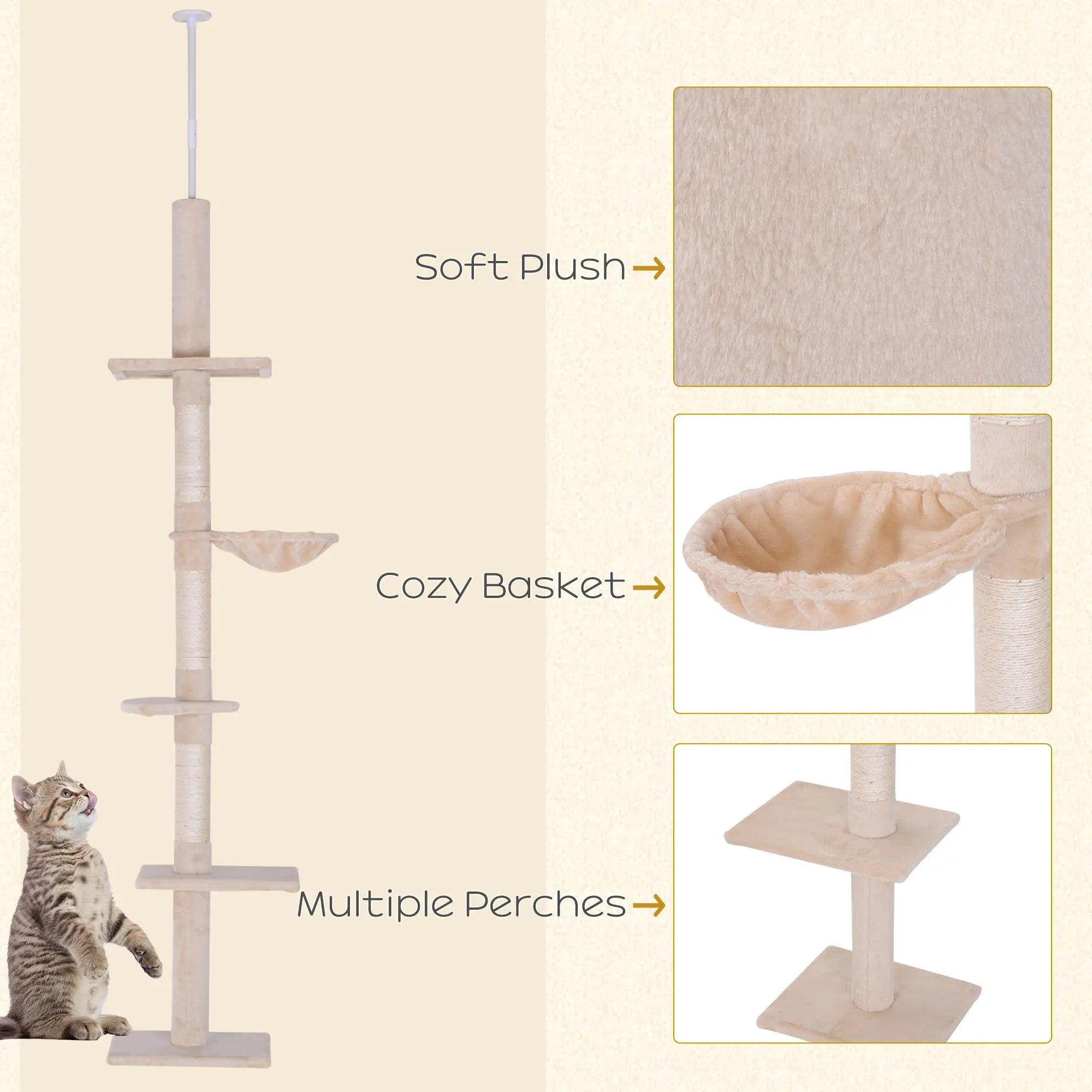 8.5ft Cat Climbing Tree, 5-Tier Kitty Activity Center, Scratching Post, Beige Floor to Ceiling Cat Trees at Gallery Canada